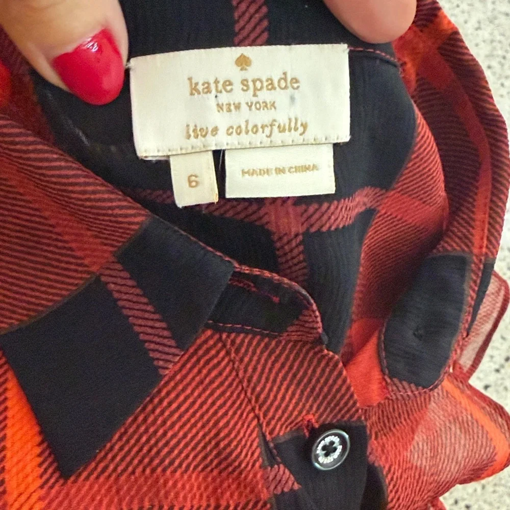 Kate Spade red black woodland plaid chiffon button up down blouse 6